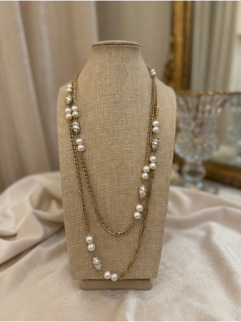 Vintage SARAH COVENTRY Gold Tone Faux Pearl Station Opera Length 48" Necklace
